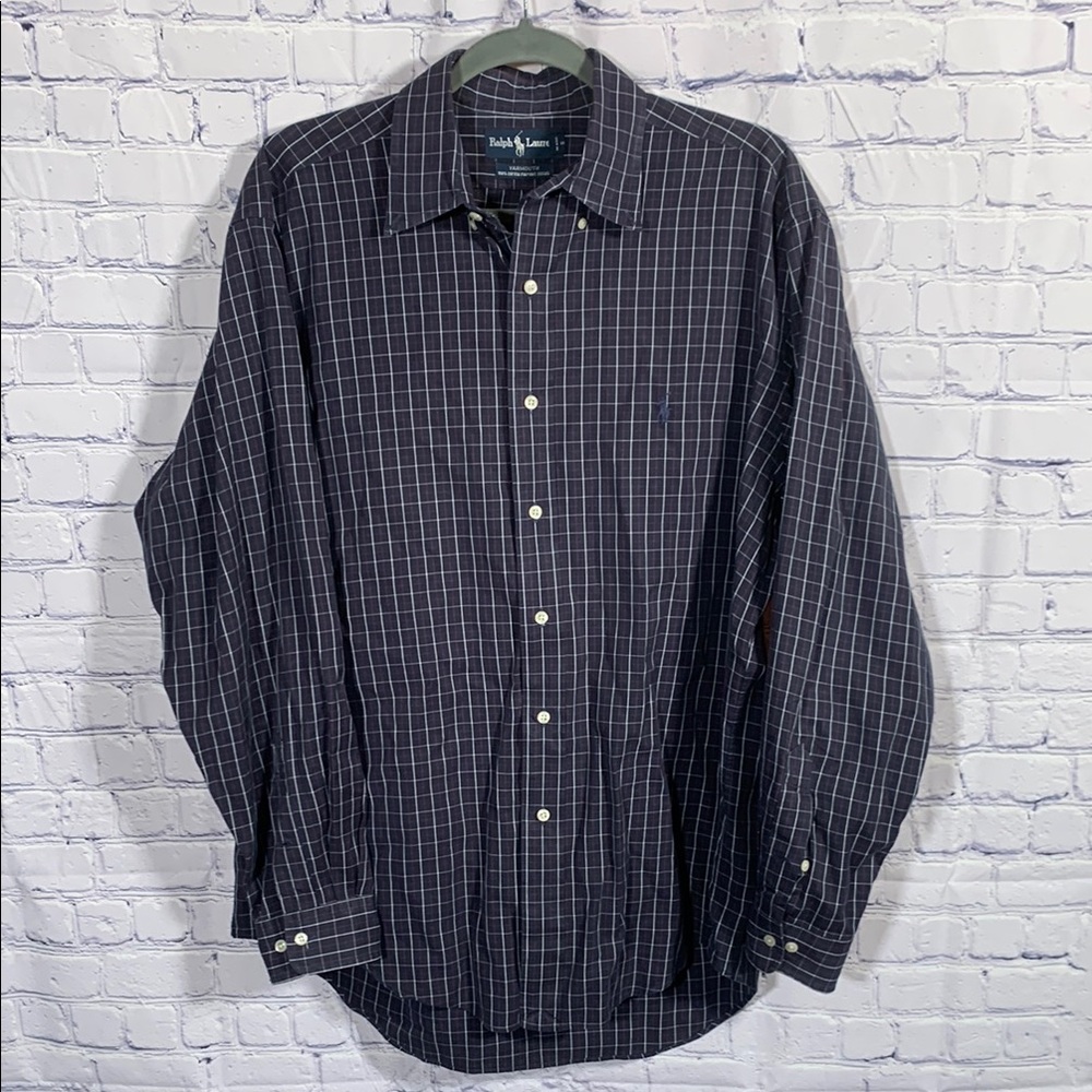 Ralph Lauren VTG Yarmouth Windowpane Button Down Blue 16 Neck Pinpoint Oxford